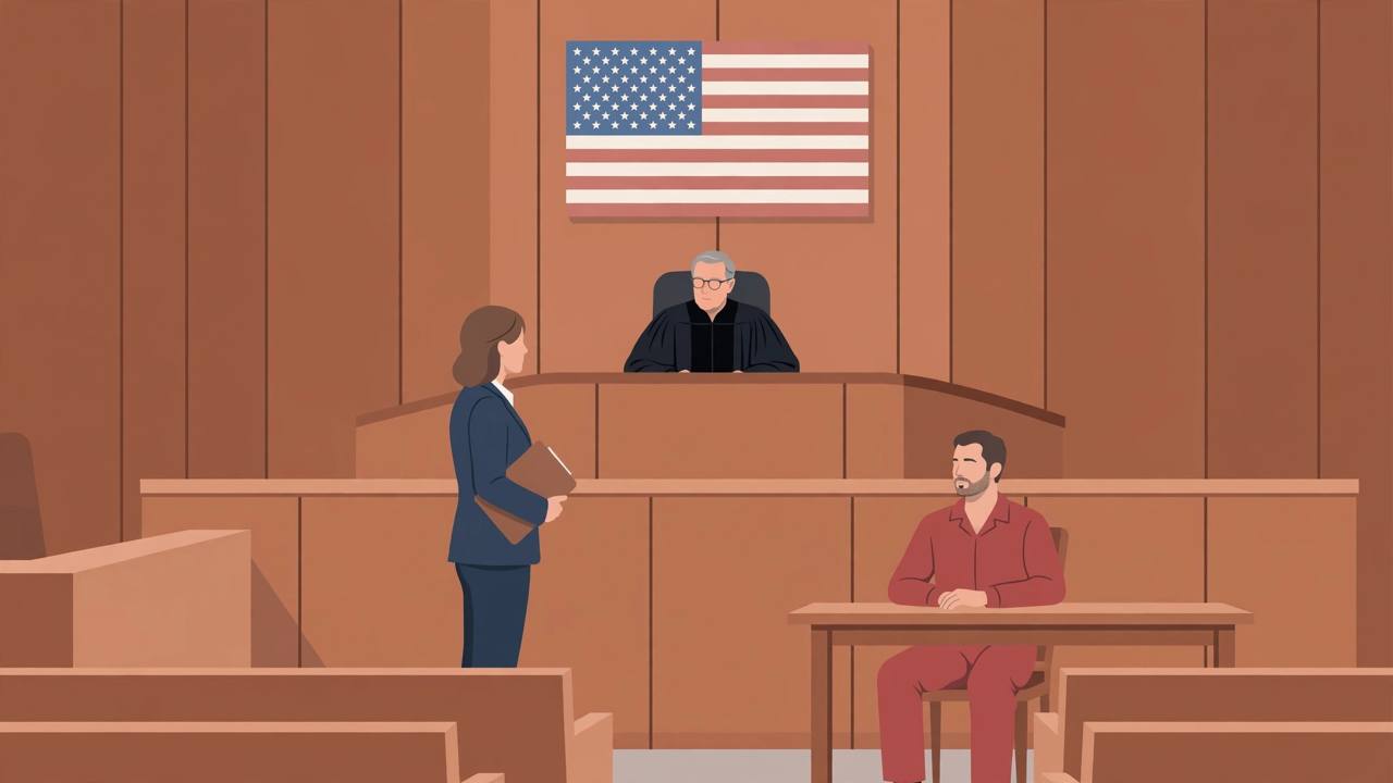 Editorial illustration of a California courtroom with a judge, a lawyer and a man in a red jumpsuit at the defence table