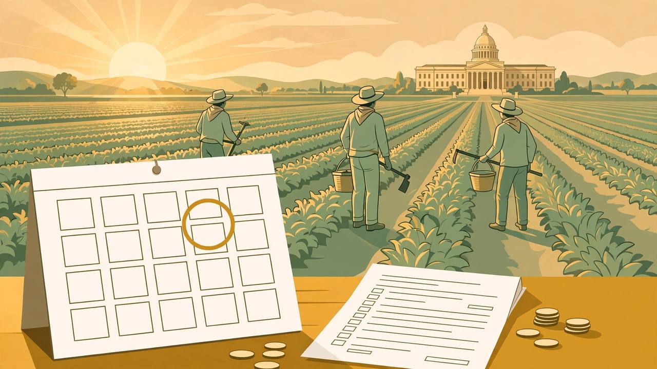 Editorial illustration of farmworkers in a California Central Valley field at sunrise with a federal courthouse and a circled calendar deadline in the distance