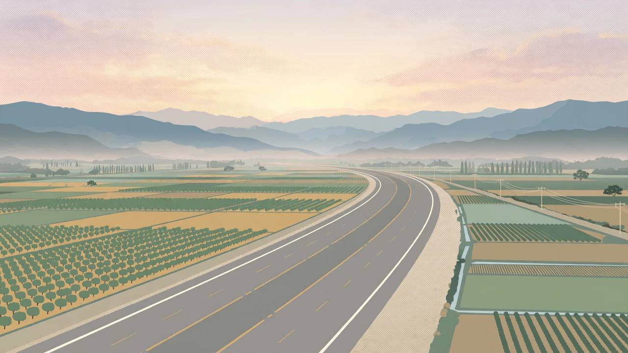 Editorial illustration of an empty multi-lane highway through Central Valley farmland at dawn, flat style, no text, no people and no incident depicted