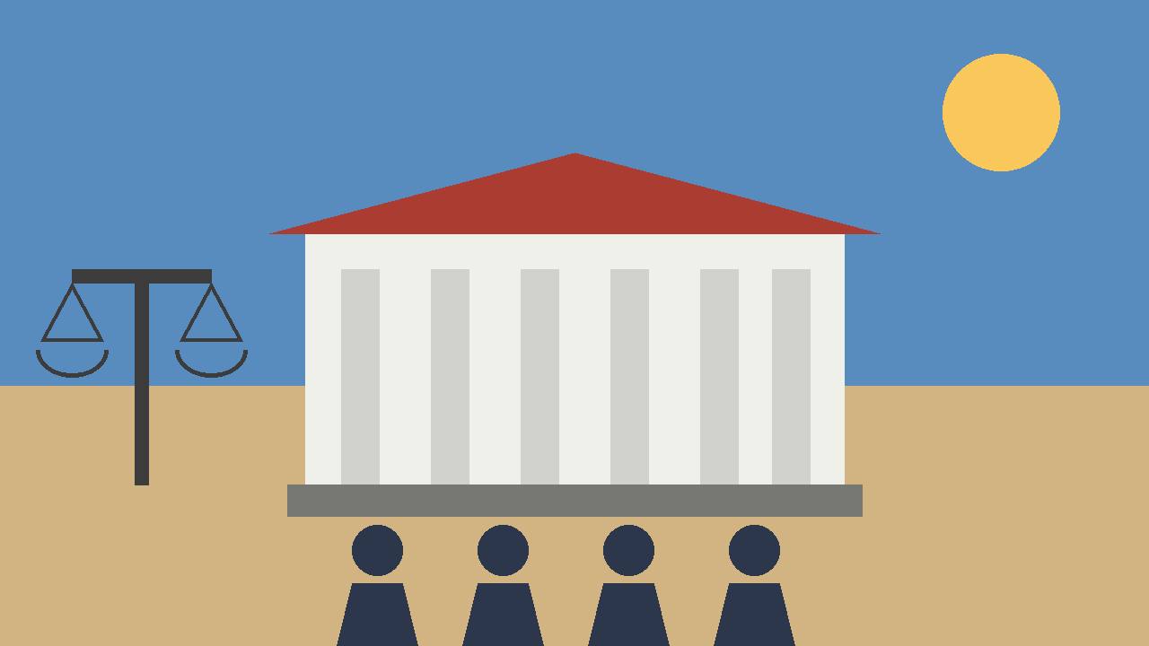 Editorial illustration of a courthouse with scales of justice and generic residents in Fresno, California