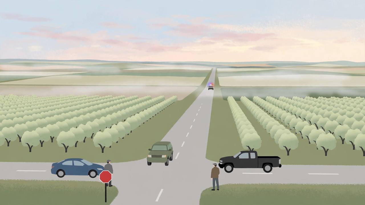 Editorial illustration of a rural Fresno County intersection at dawn with a stop sign, three stopped vehicles, orchards and emergency lights in the distance