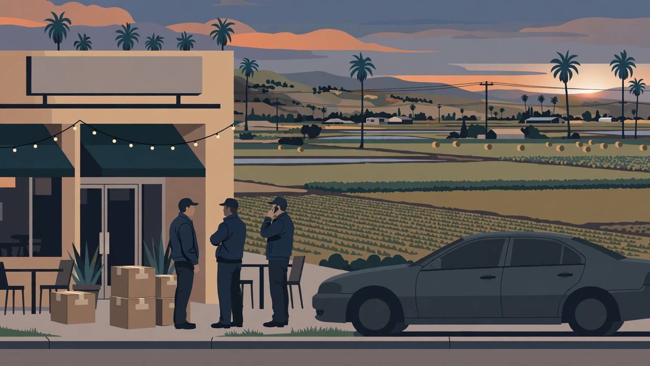 Editorial illustration of generic federal agents beside sealed evidence boxes and a generic sedan outside a Fresno, California restaurant at dusk, flat style, no real person, no text