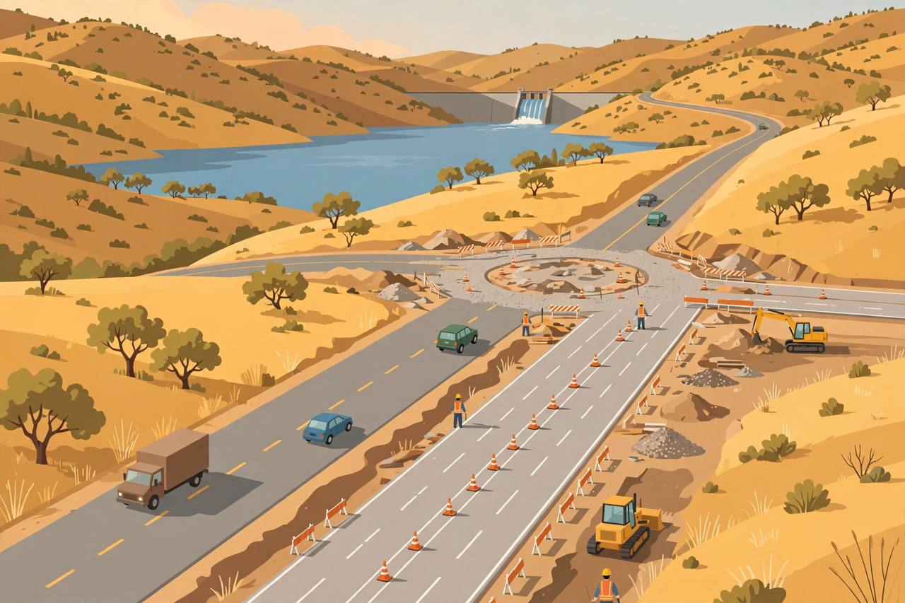 Editorial illustration of a rural California foothill road being widened to four lanes with a roundabout, a lake and dam in the background