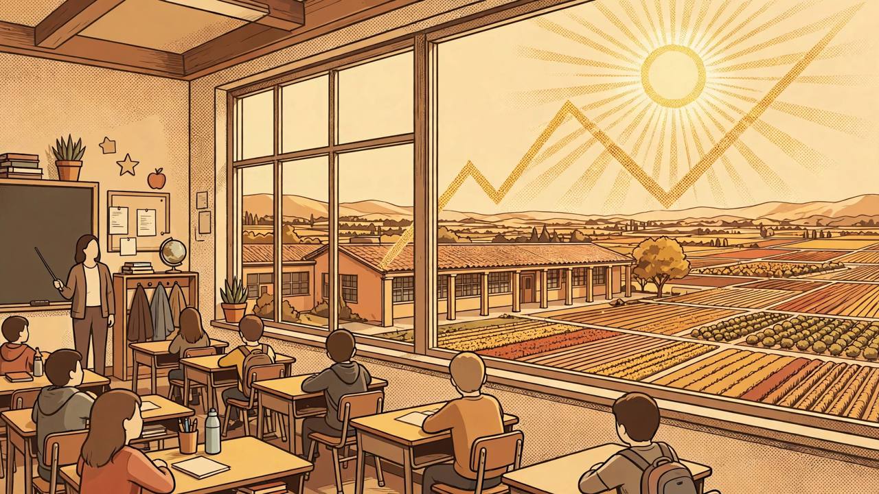 Editorial illustration of a Central Valley school and classroom with generic students and farmland, flat style, no real person's face