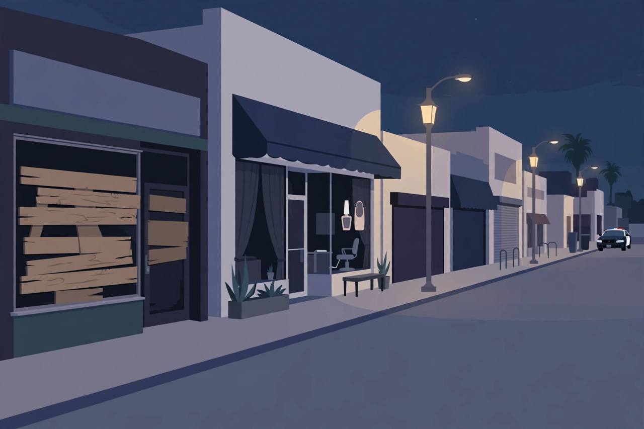 Editorial illustration of a quiet Fresno Tower District street at night with a boarded business window, flat style, no real person or incident depicted