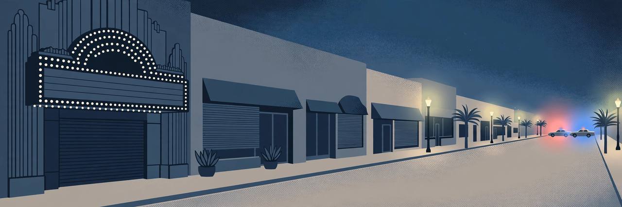 Editorial illustration of a quiet Fresno Tower District street at night with a blank theatre marquee, closed shopfronts and distant police lights, flat style, no incident depicted, no real person depicted