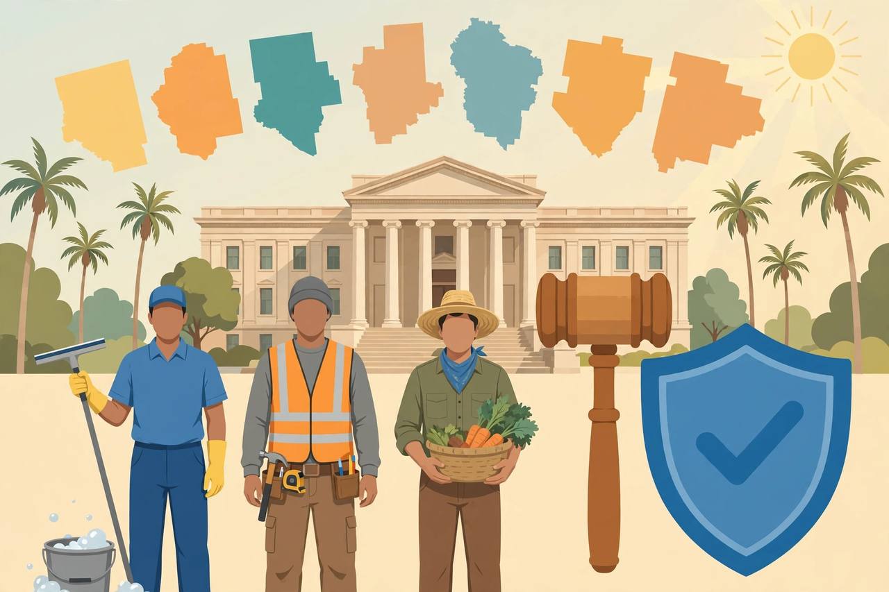 Editorial illustration of three generic workers — a car-wash worker, a construction worker and a farm worker — standing in front of a courthouse with a gavel, a shield and the shapes of seven Southern California counties above