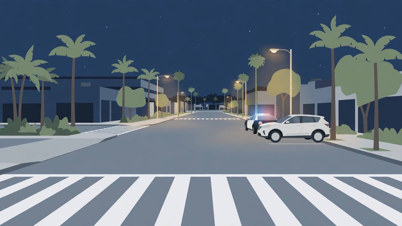 Editorial illustration of a quiet Orange County intersection at night with a crosswalk, a generic white SUV stopped at the curb and a police car behind it, flat style, no collision and no person depicted