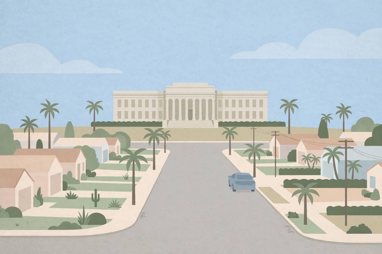 Editorial illustration of a generic California suburban street with a plain courthouse building and palm trees, flat style, no real person, no text