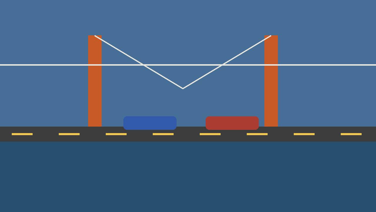 Editorial illustration of a generic suspension bridge over water with cars on the roadway, flat style, no real person depicted