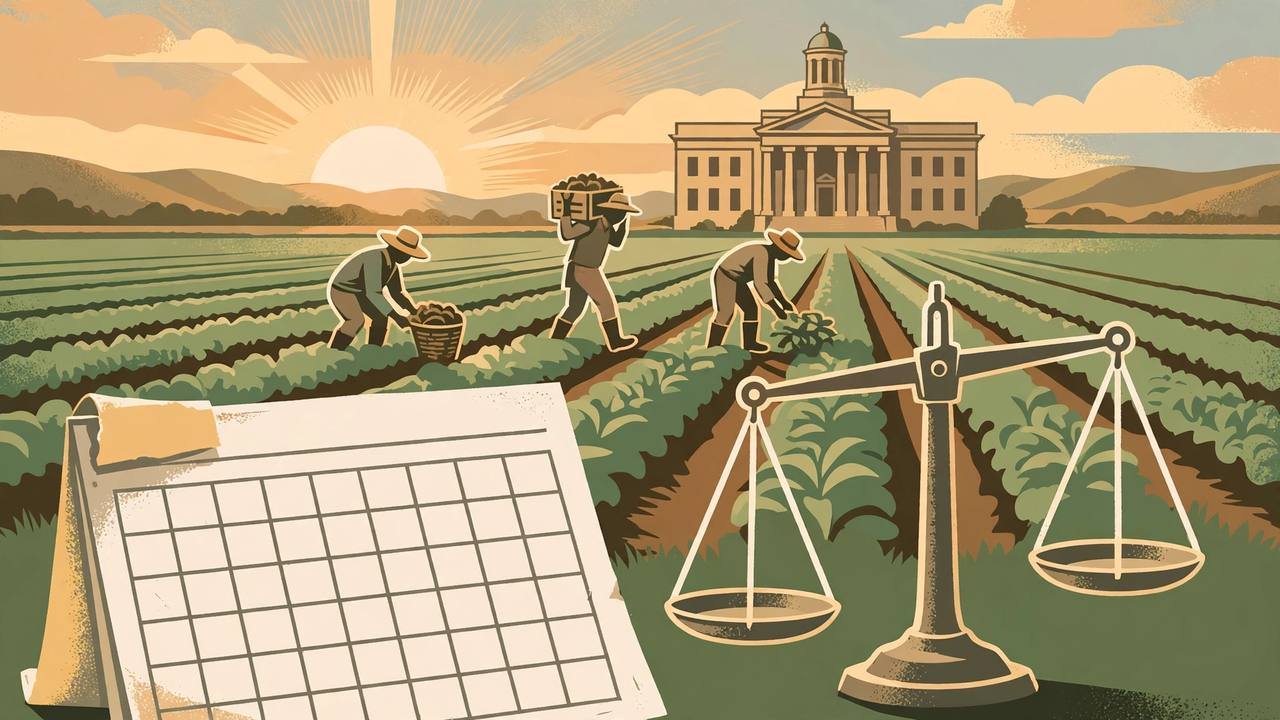 Editorial illustration of seasonal farm workers in a California field at dawn with a courthouse, a calendar and a wage balance scale, generic figures only, no real person depicted