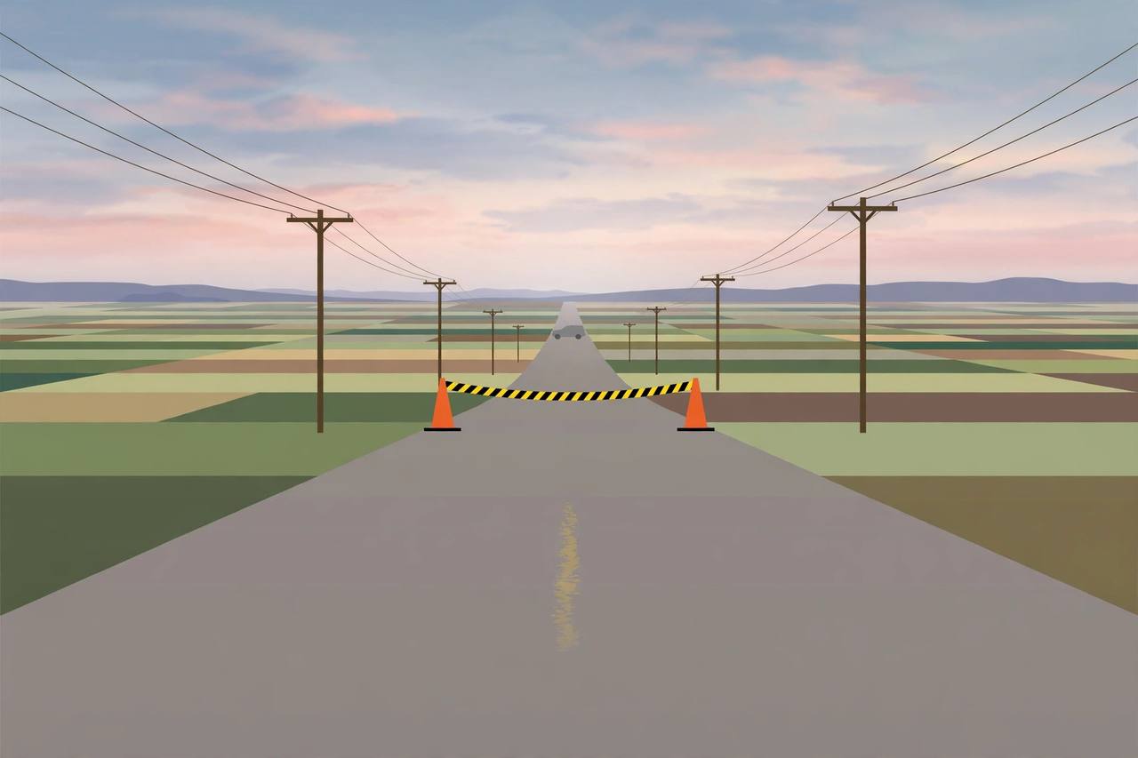 Editorial illustration of a quiet Central Valley road at dawn with investigation cones and tape, flat style, no real person, no crash