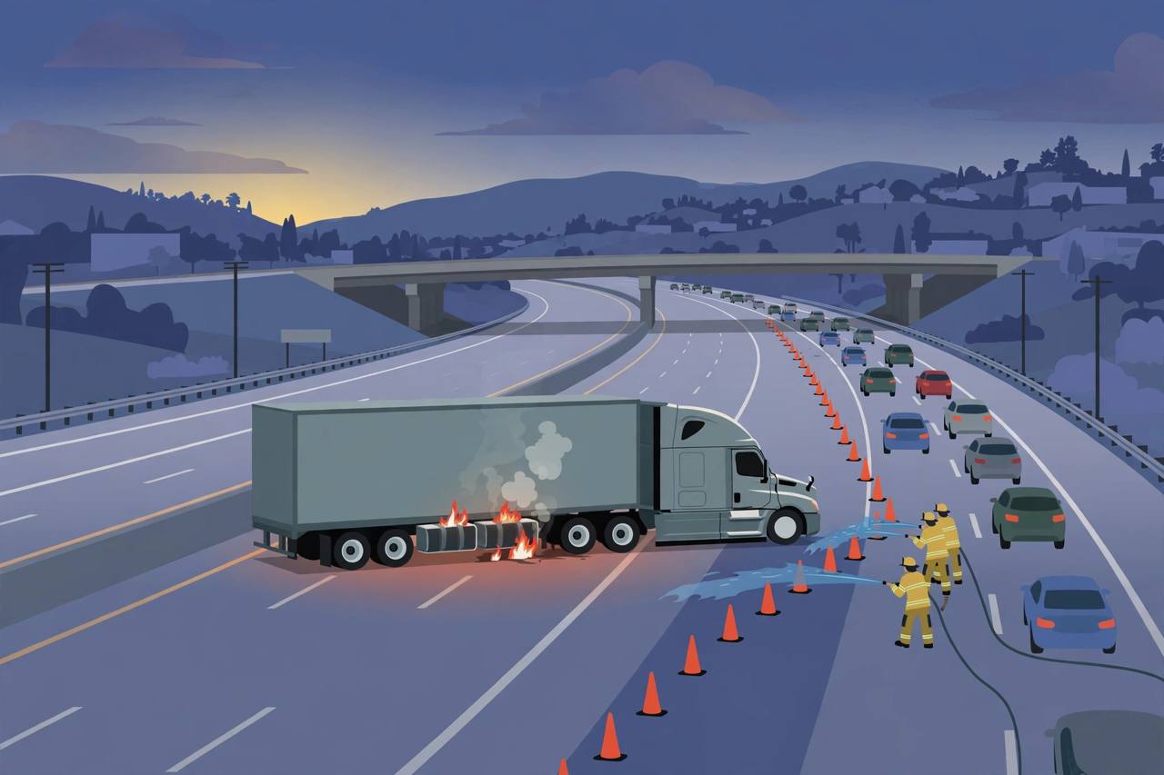 Editorial illustration of an electric semi-truck with a box trailer stopped on a closed interstate at dusk, small flames at its battery area, firefighters spraying water at a distance and traffic cones diverting cars