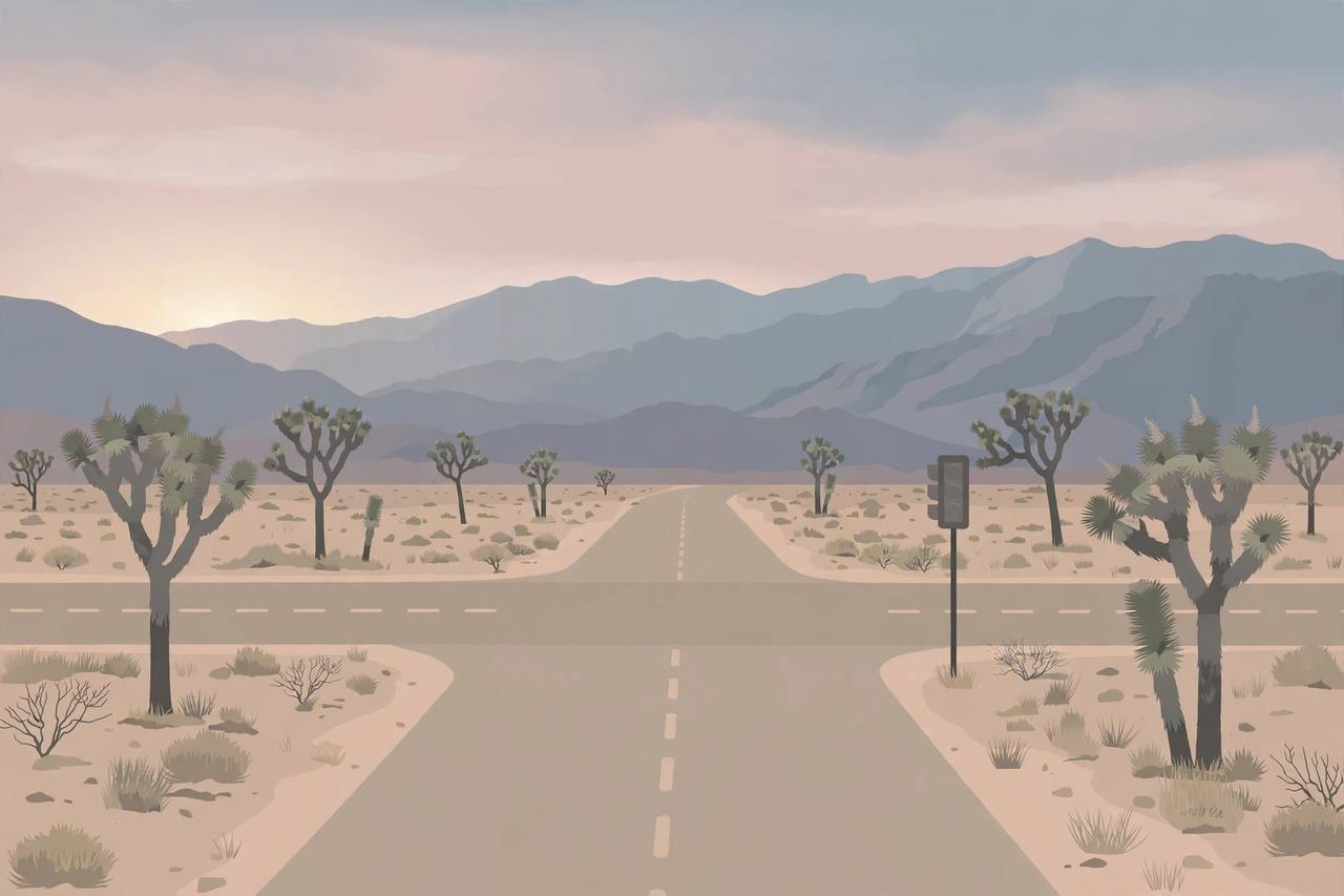 Editorial illustration of a desert road intersection at dawn in Hesperia, California, flat style, no collision and no person depicted