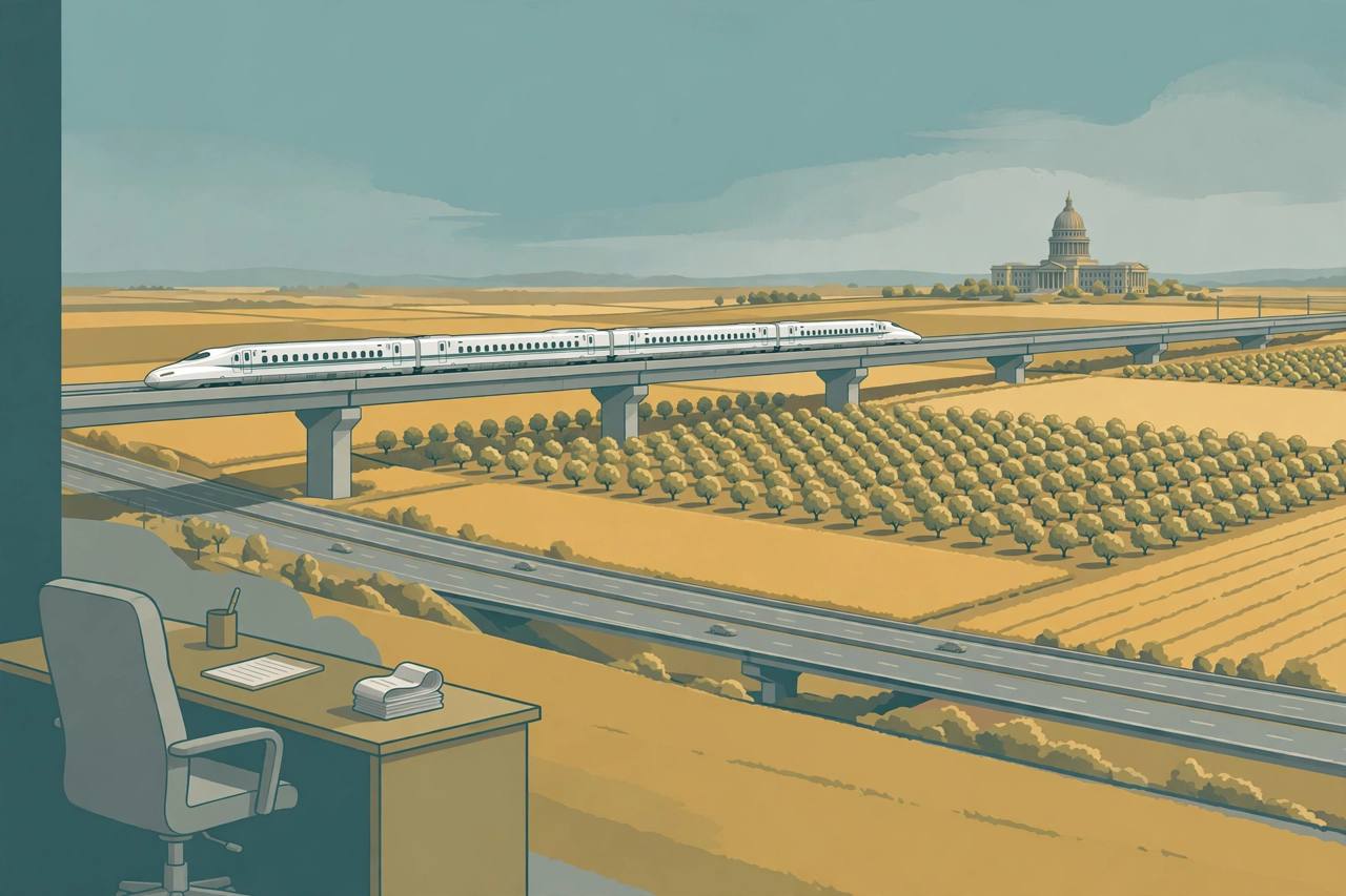Editorial illustration of a bullet train on a viaduct crossing Central Valley farmland with a domed capitol building in the distance and an empty executive desk in the foreground