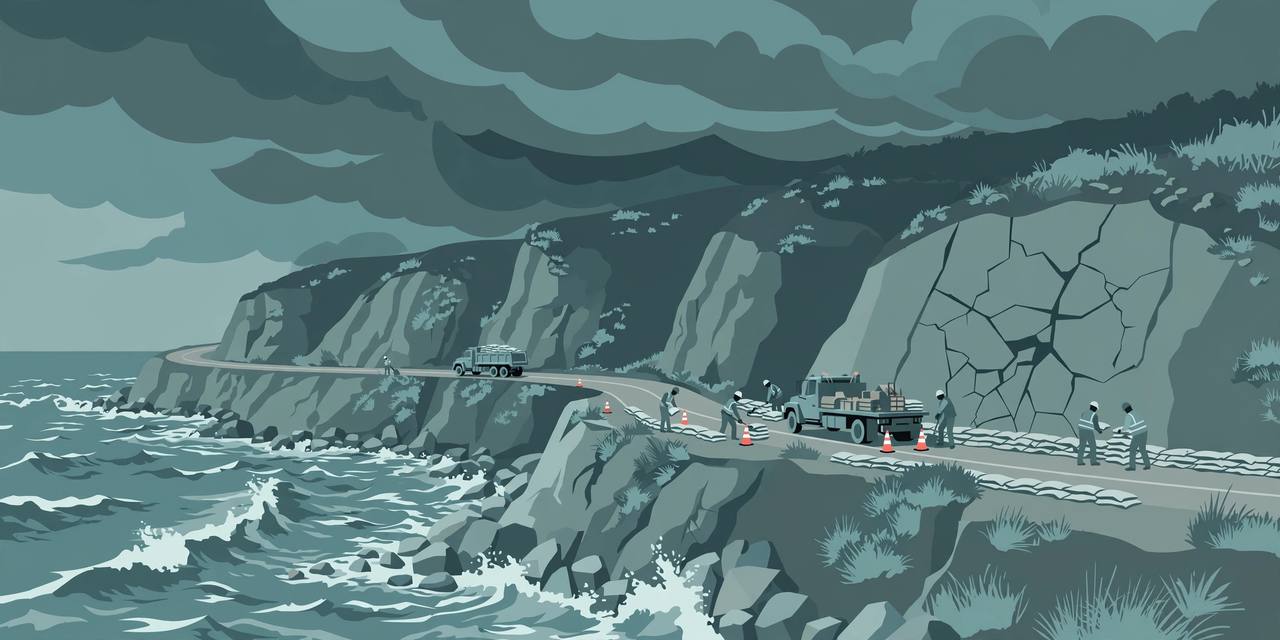 Editorial illustration of California Highway 1 along ocean cliffs under storm clouds with road crews preparing sandbags