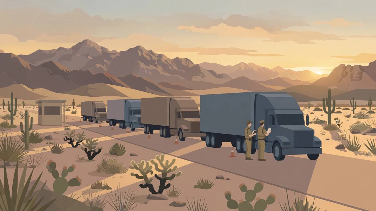 Editorial illustration of semi-trucks queued at a desert highway checkpoint in Southern California near the Mexican border, with generic inspectors holding clipboards beside a truck cab at golden hour
