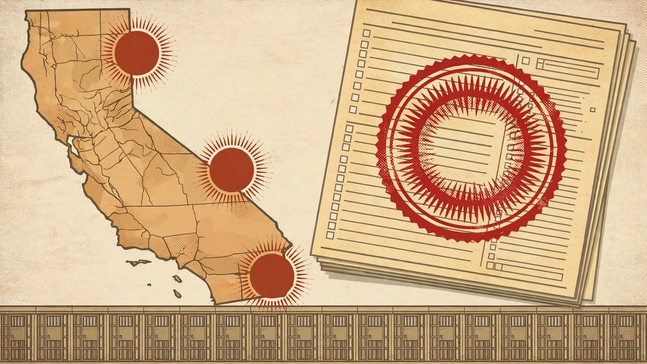 Editorial illustration of a California map with markers on Los Angeles, San Francisco and San Diego beside a stack of official documents with a large red stamp and a row of jail doors