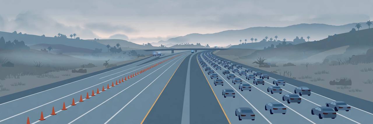 Editorial illustration of a California freeway at dawn with lanes closed by traffic cones and traffic backed up, flat style, no wreckage and no real person depicted