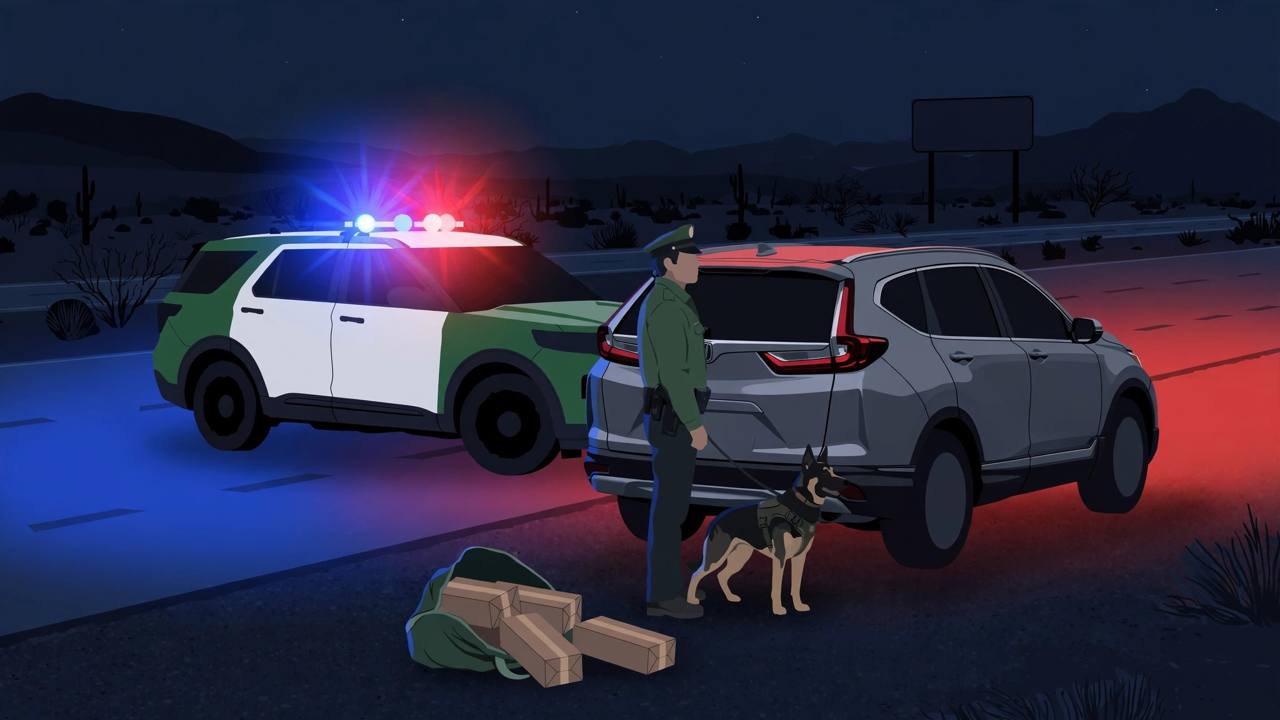 Editorial illustration of a Border Patrol stop on Interstate 15 in Southern California at night, with a patrol SUV, a K-9 and a stopped CR-V