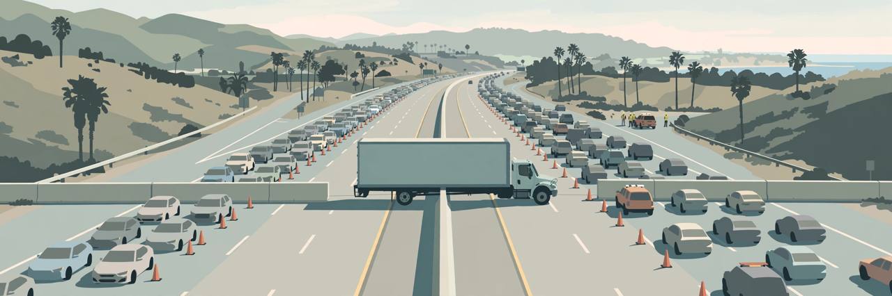 Editorial illustration of a truck stopped across a freeway center divider with traffic cones and backed-up traffic on a California highway