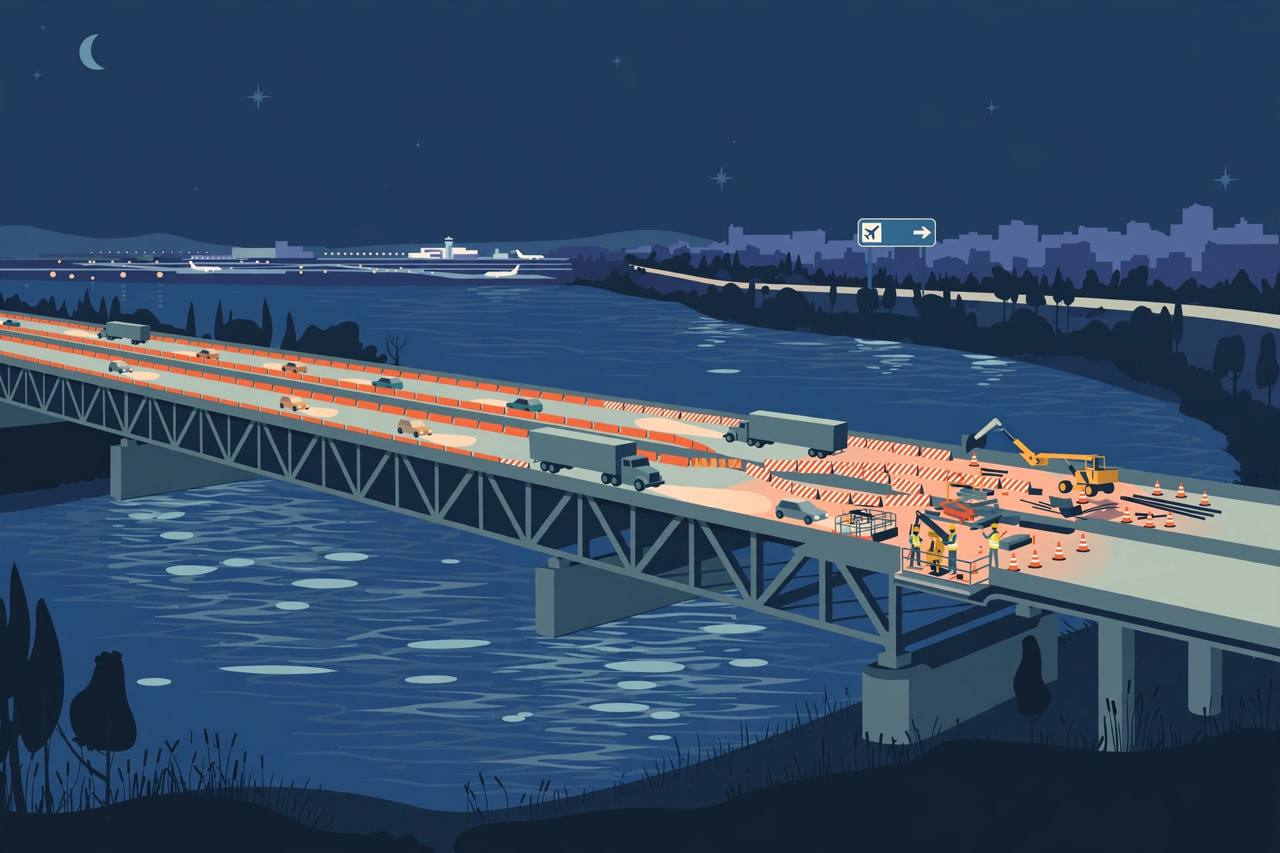 Editorial illustration of the Interstate 5 Yolo Bypass bridge over a river at night, with generic trucks and cars, construction barriers and bridge repair work; generic figures only, no real person is depicted