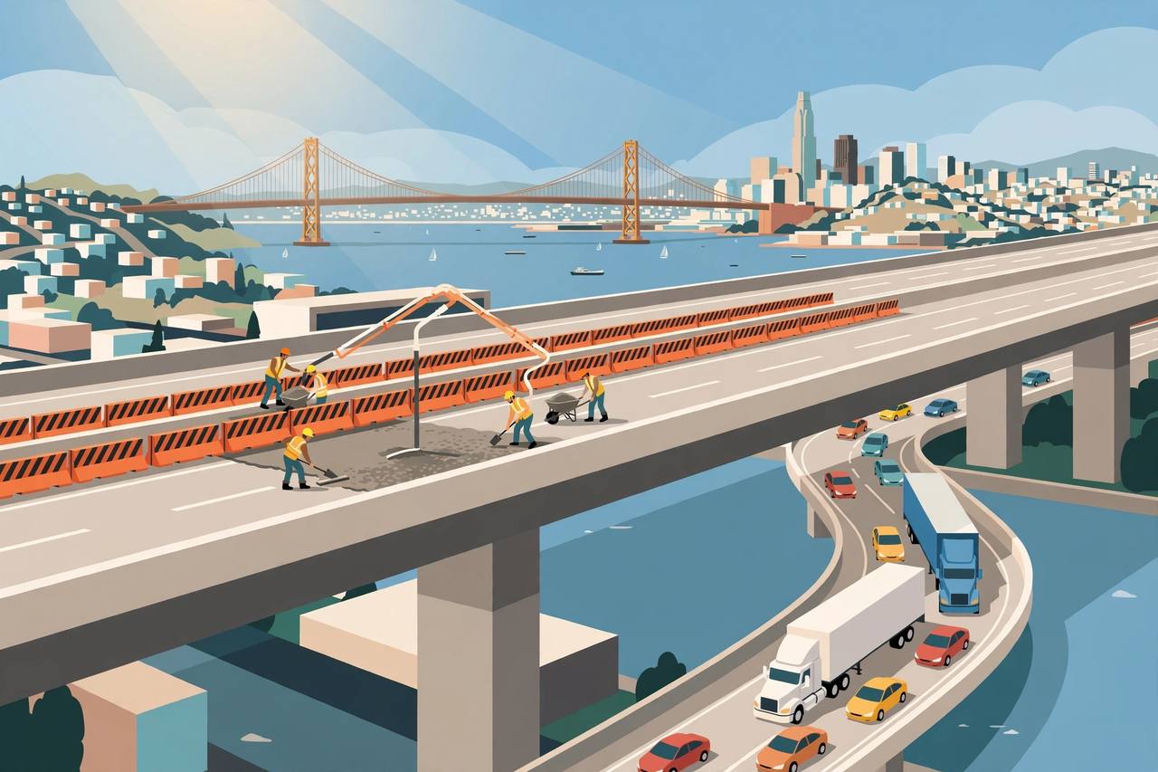 Editorial illustration of a closed westbound freeway viaduct in San Francisco with detour barriers, trucks and the Bay Bridge, flat style, no real person depicted