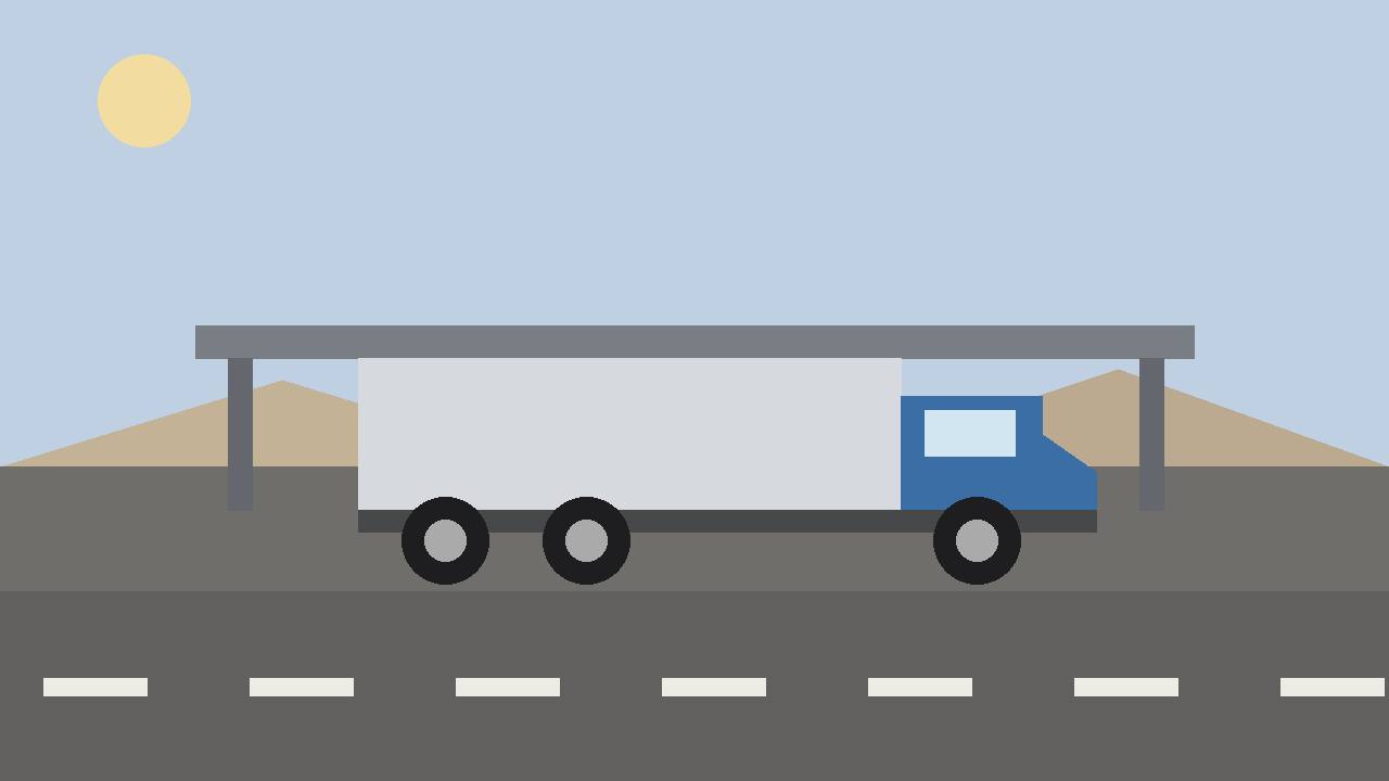 Editorial illustration of a generic semi-truck at a highway checkpoint canopy in desert country, flat style, no people, no logos, no text, no real place depicted