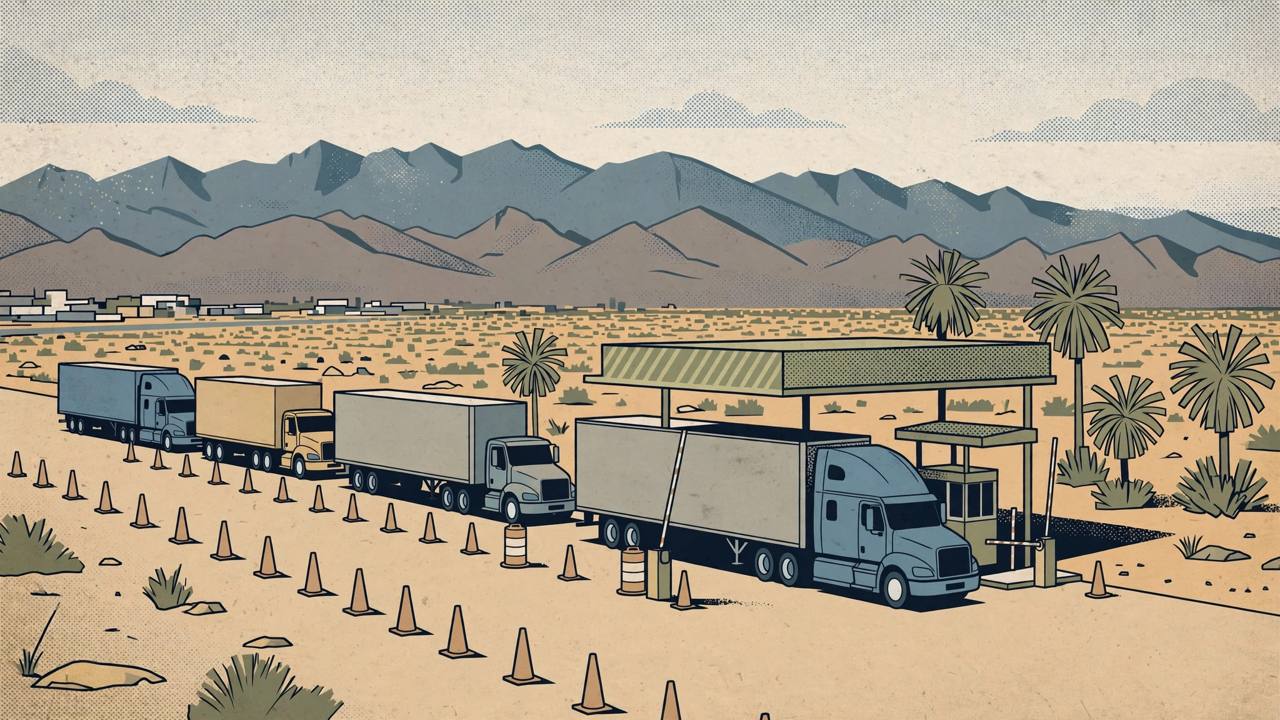 Editorial illustration of generic semi trucks lined up at a desert highway inspection checkpoint with palm trees and mountains, flat style, no text, no real person depicted