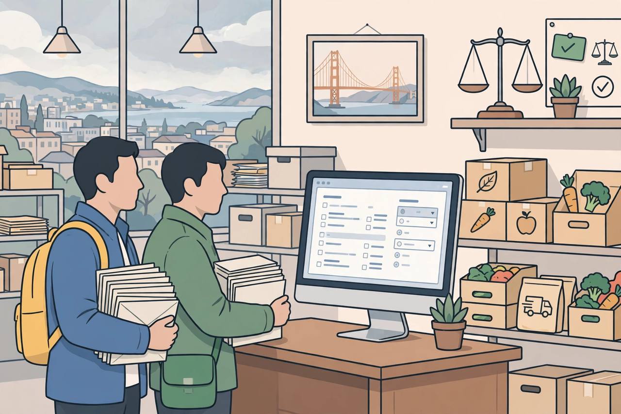 Editorial illustration of generic job applicants with mailed paper applications and an online application, representing the Instacart federal hiring settlement