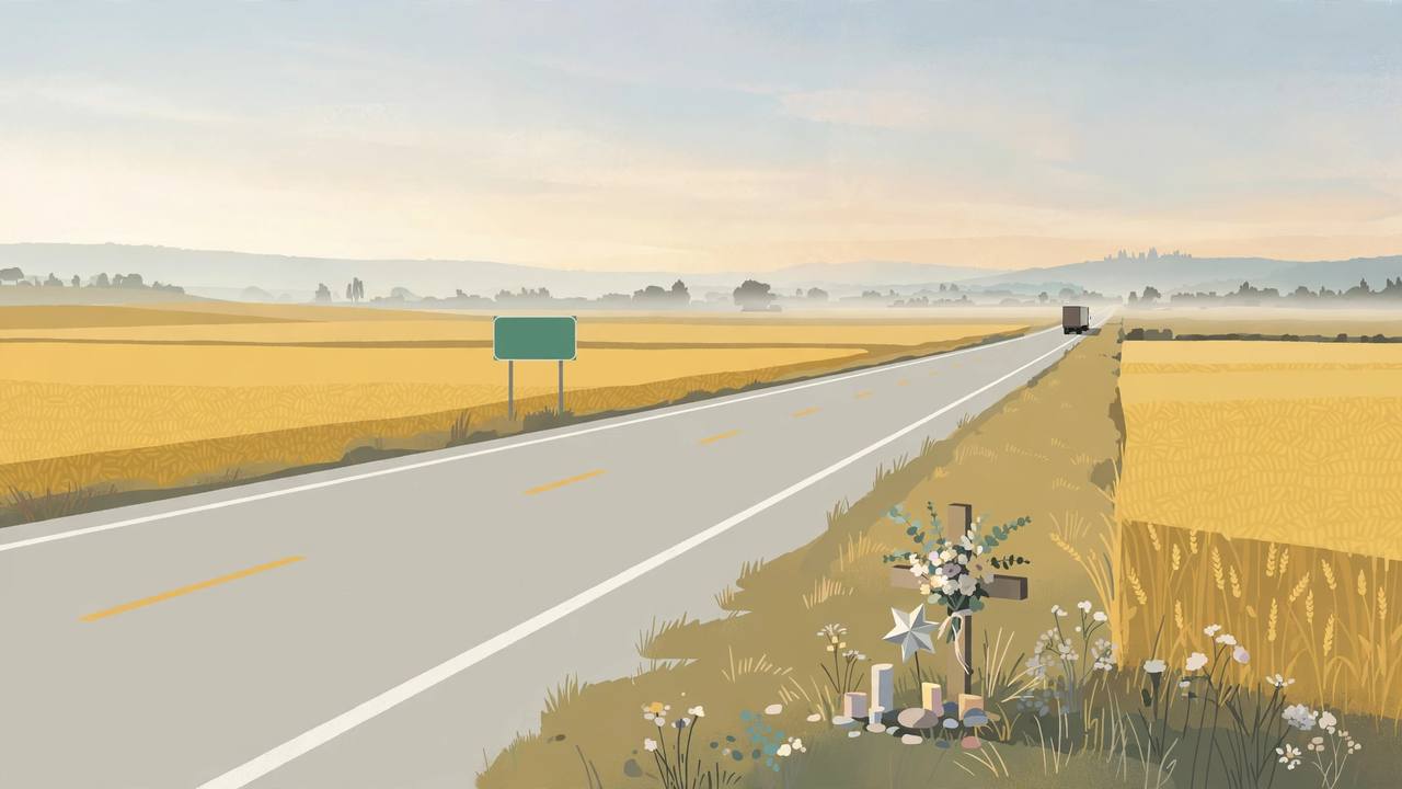 Editorial illustration of a quiet rural California highway near Kerman at dawn with golden fields, a blank generic highway sign and a small roadside memorial with flowers in soft light, no crash depicted