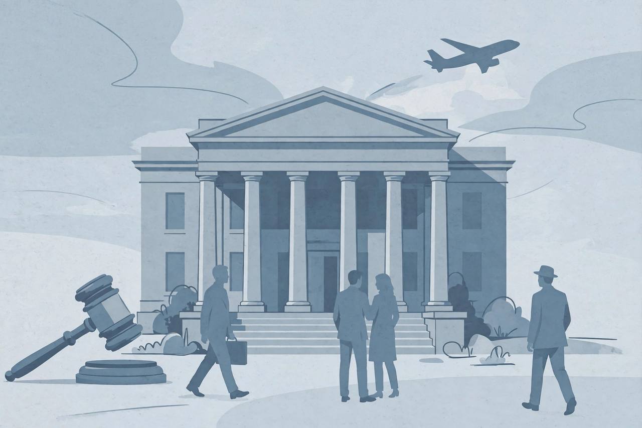 Editorial illustration of a courthouse with a gavel and an airplane, representing an extradition for court sentencing