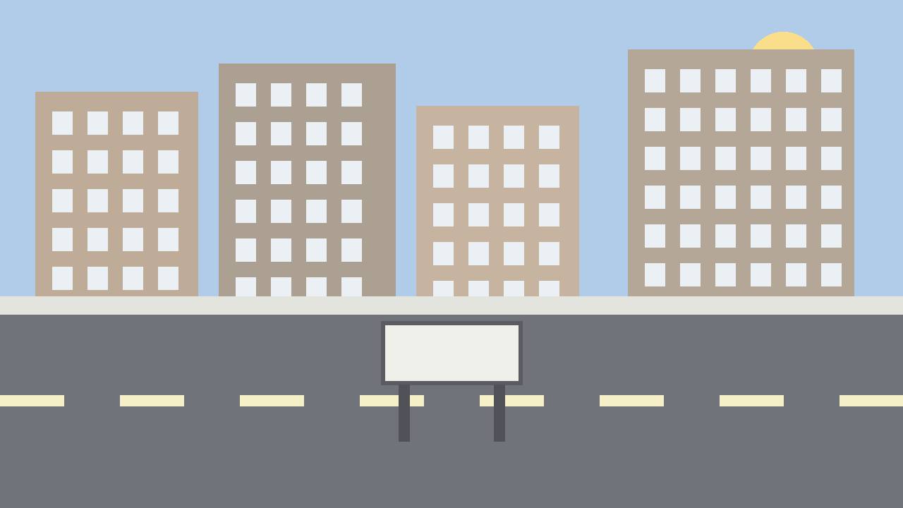 Editorial illustration of a generic small-town main street with a blank notice board, flat style, no people, no text, no real place depicted
