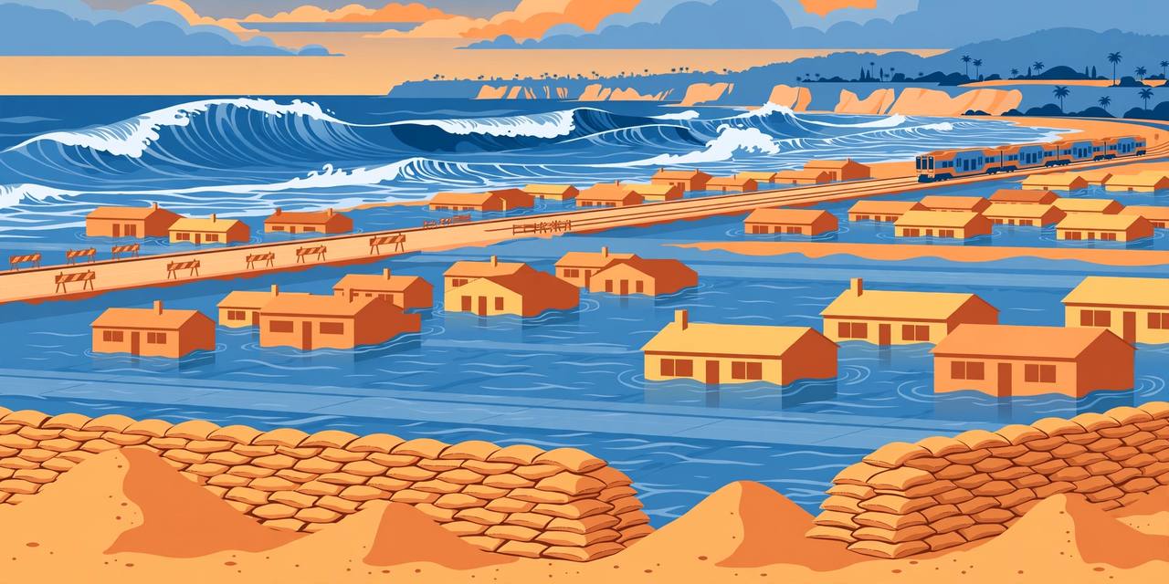 Editorial illustration of a Southern California coastline at very high tide with waves flooding a promenade, sandbag berms, a closed coastal highway and a distant train, flat style, no people, no text
