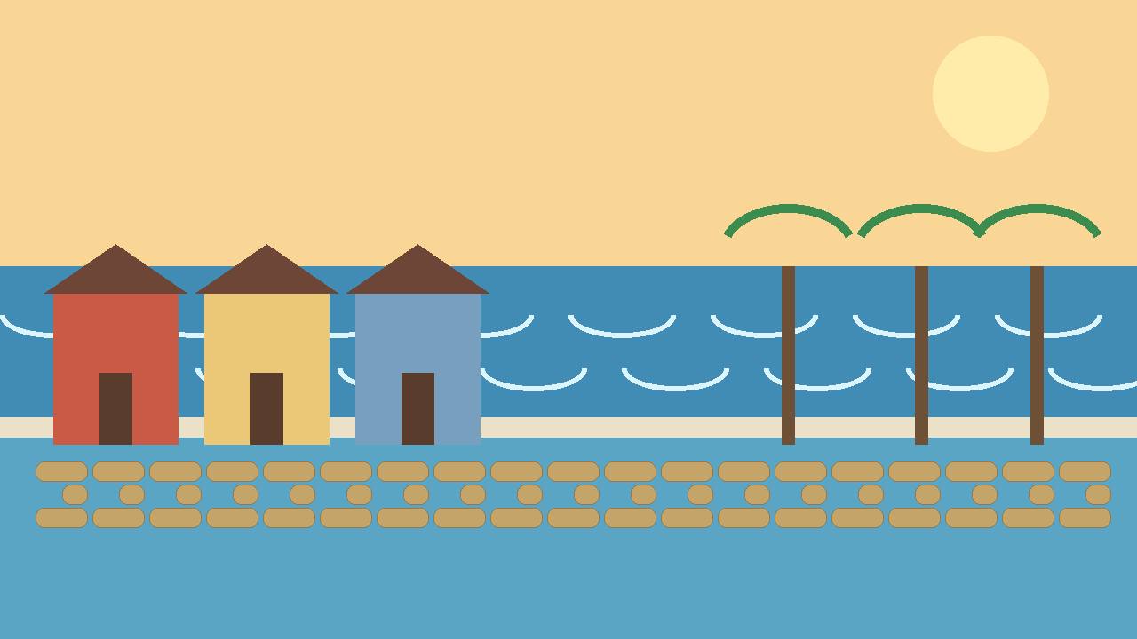 Editorial illustration of generic coastal houses, palm trees and rows of sandbags beside high sea water under a bright sun, flat style, no text, no real person depicted