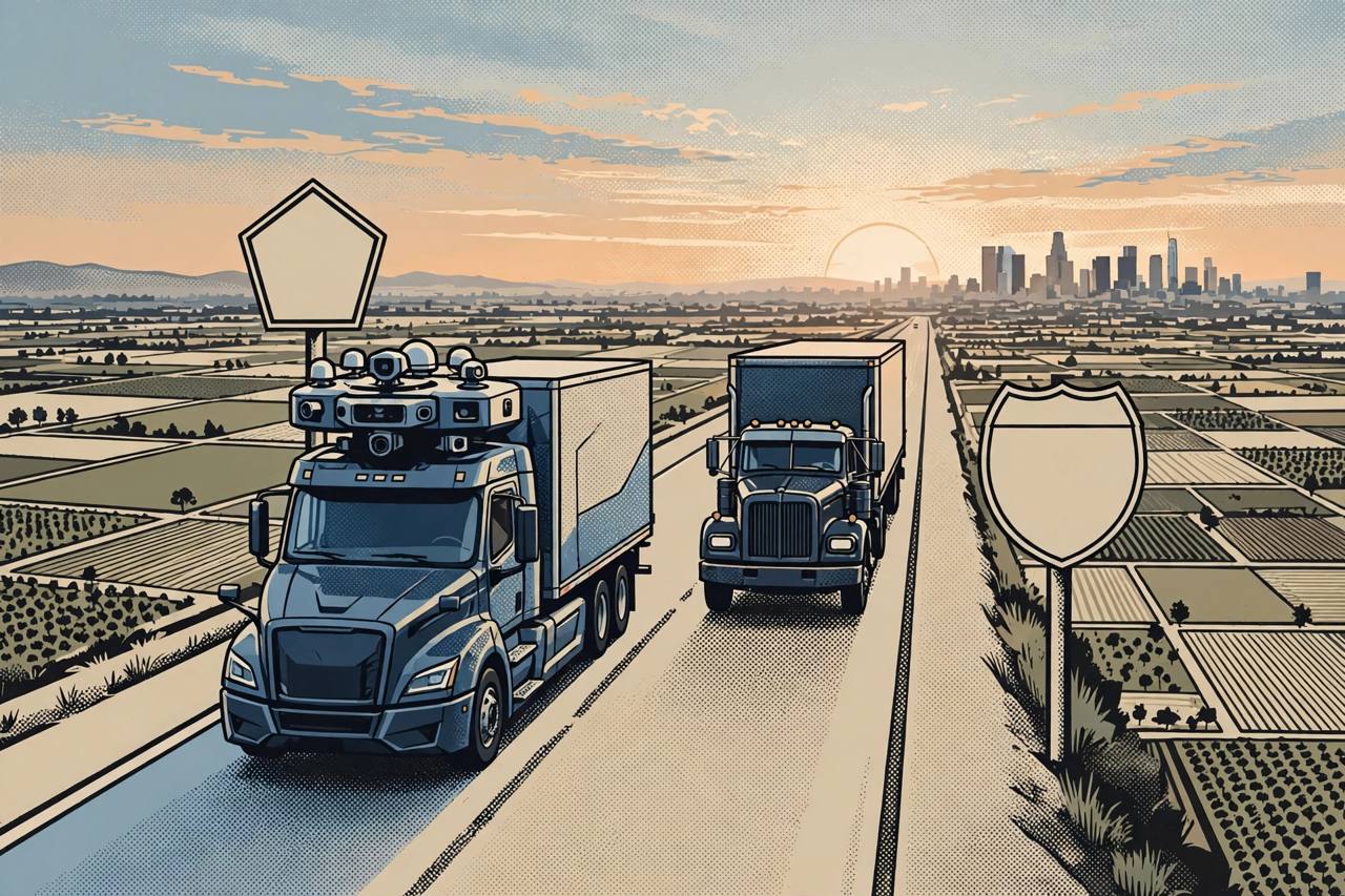 Editorial illustration of an autonomous semi truck and a human-driven truck on a California highway between Fresno farmland and Los Angeles