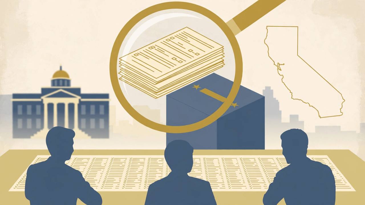 Editorial illustration of election workers checking a long voter list under a magnifying glass, with a ballot box, a courthouse and the outline of California behind