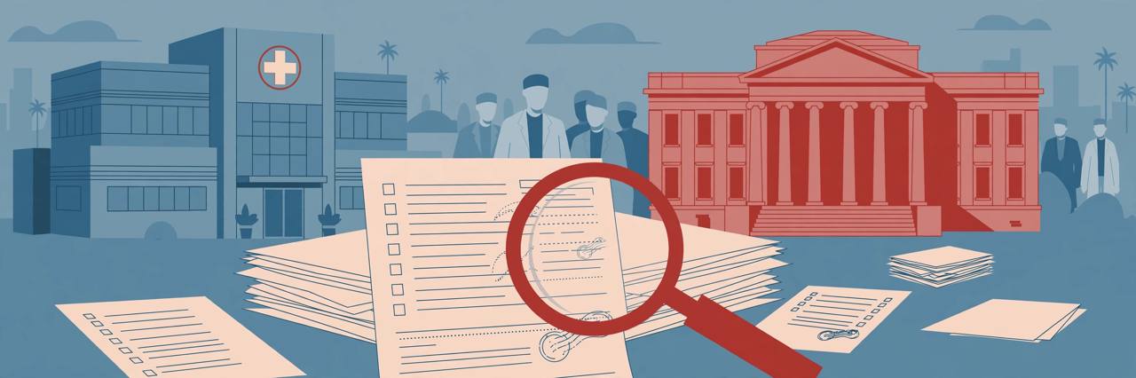 Editorial illustration of a hospital, a courthouse and oversized medical claim forms under a magnifying glass, flat style, no real person depicted