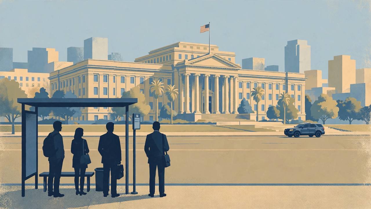 Editorial illustration of a Los Angeles federal courthouse with generic workers waiting at a bus stop and a generic federal vehicle at a distance, flat style, no real person depicted
