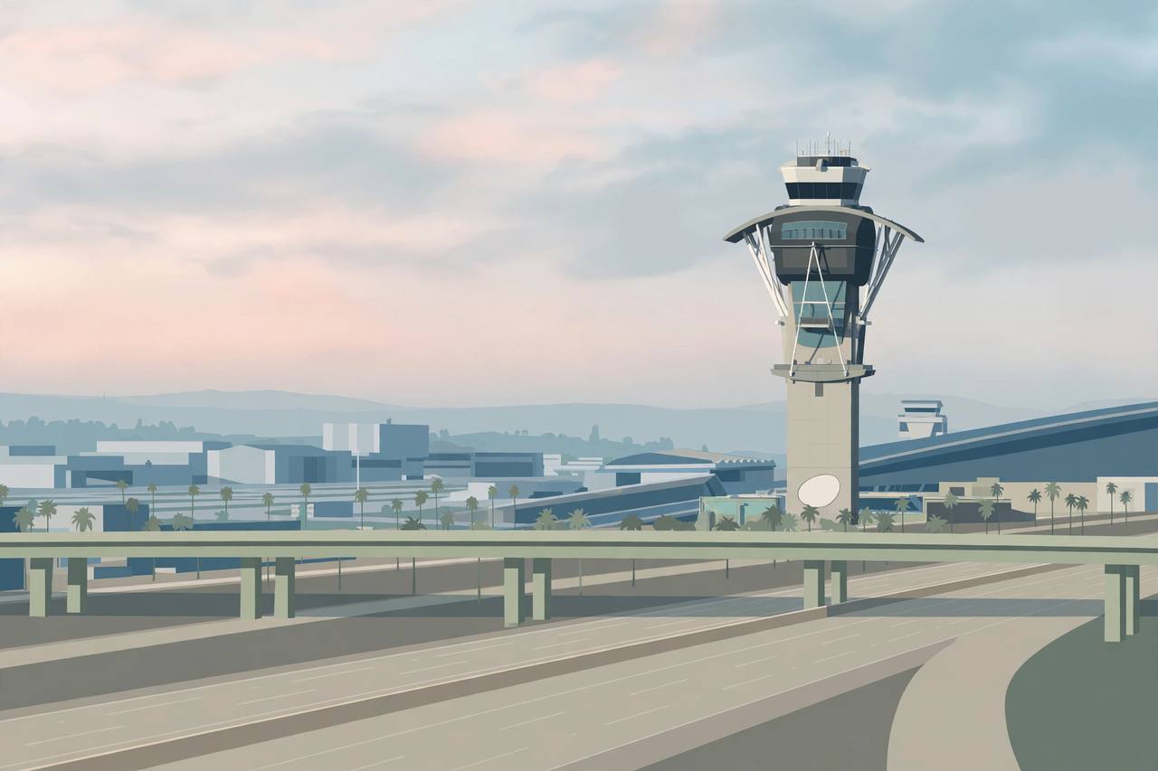 Editorial illustration of Imperial Highway near Los Angeles International Airport in the early morning; the crash itself is not depicted