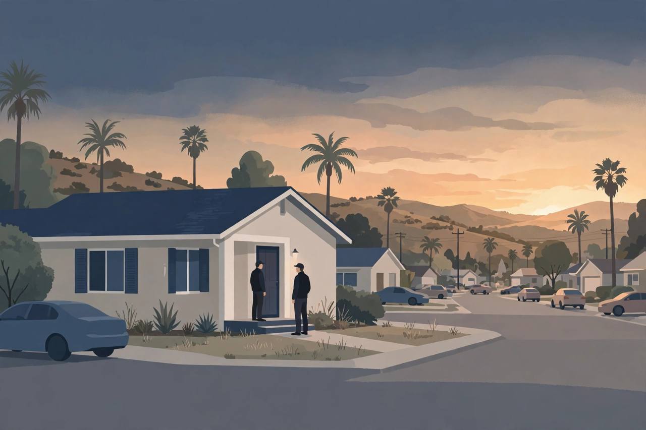 Editorial illustration of a suburban house in Lemon Grove, California at dawn with generic federal agents standing outside a closed front door, palm trees and low hills behind, in muted navy and warm dawn colours
