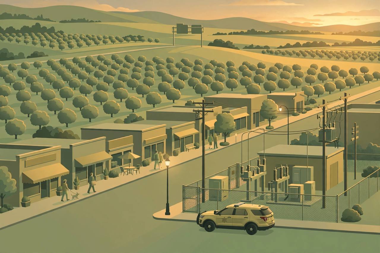 Editorial illustration of a small California farming town with orchards, a main street and a sheriff patrol vehicle at dusk