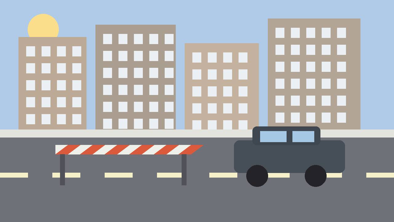 Editorial illustration of a generic downtown street closed by a striped barrier with a plain unmarked vehicle, flat style, no people, no text, no real place depicted