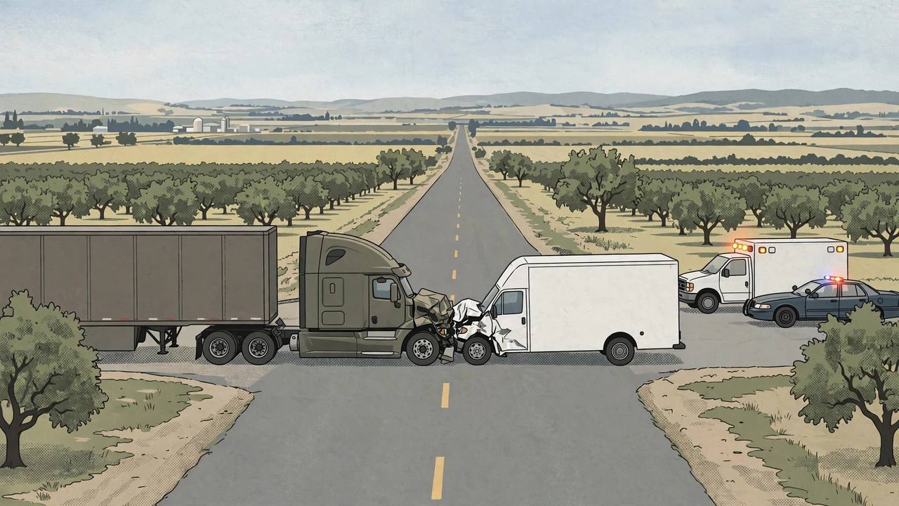 Editorial illustration of a semi-truck and a white van stopped nose-to-nose after a head-on collision on a rural Central Valley road, with an ambulance and a patrol car nearby, flat style, no people depicted, no text