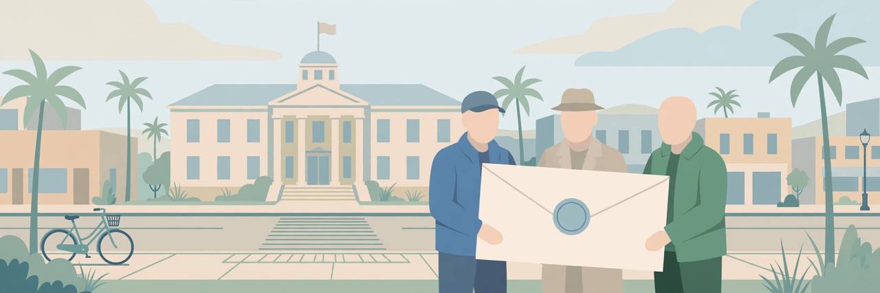 Editorial illustration of a generic California city street with a bicycle and figures holding an official letter, flat style, no text, no real person depicted