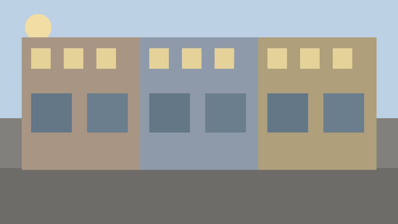 Editorial illustration of a generic California city street with plain buildings, flat style, empty street, no people, no incident, no text, no real place depicted