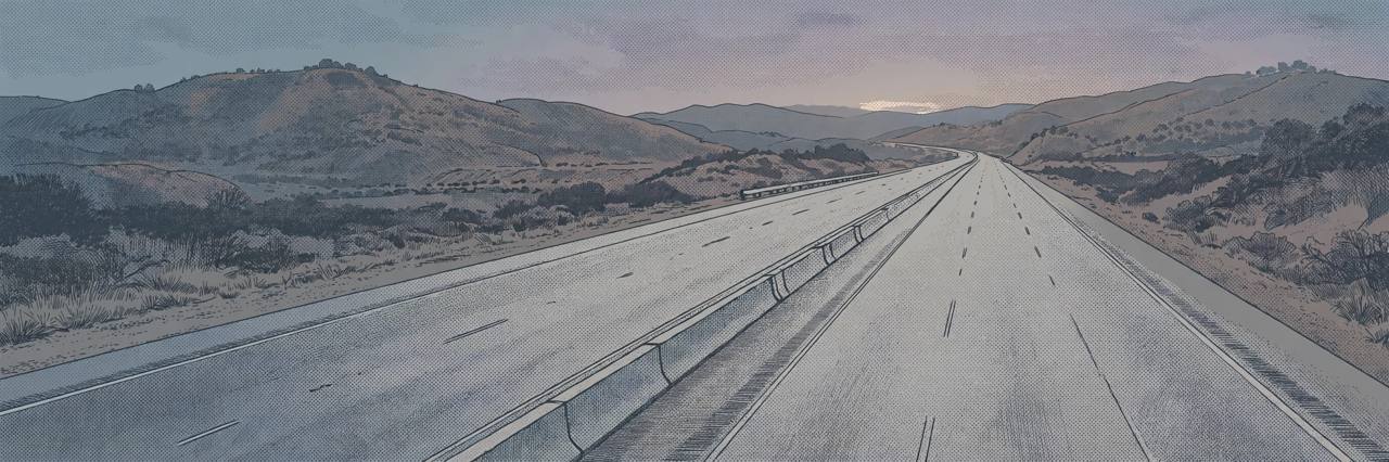 Editorial illustration of an empty California freeway at dusk with a concrete median