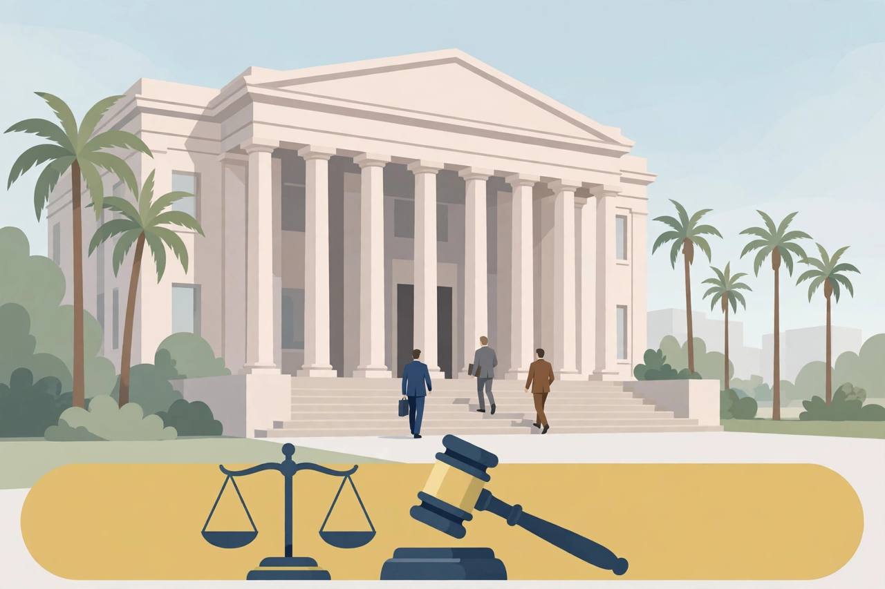 Editorial illustration of a Los Angeles courthouse with columns, a gavel and scales of justice