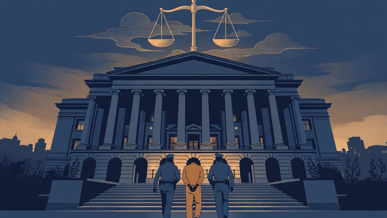 Editorial illustration of a courthouse at dusk with a generic figure in an orange jumpsuit escorted by two generic officers up the steps beneath a scale of justice