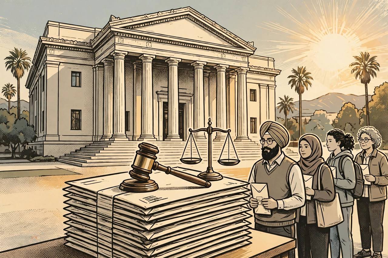 Editorial illustration of a Los Angeles federal courthouse with sealed mail ballot envelopes held apart by a gavel, scales of justice, and generic voters including a Punjabi Sikh man in a turban holding an envelope